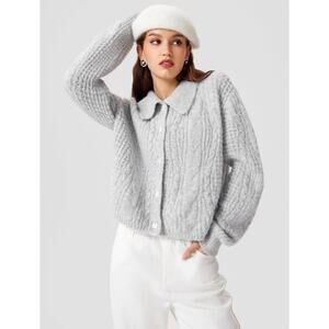 Cider Collared Cable Knit Cardigan Sweater in Gray, size M